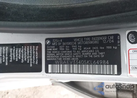 2005 BMW 325I from USA, damaged, VIN WBAEV33405KL64984